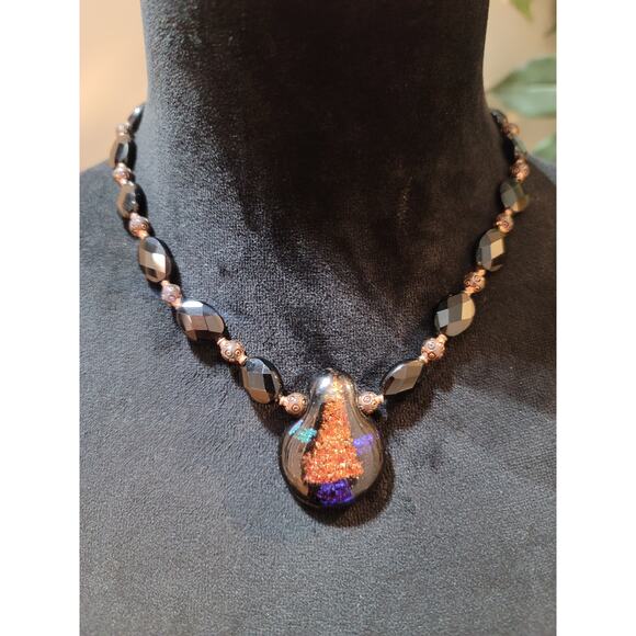 Women's Black Beaded Necklace With Glass Pendant And Toggle Lock Elegant Jewelry - Picture 1 of 5